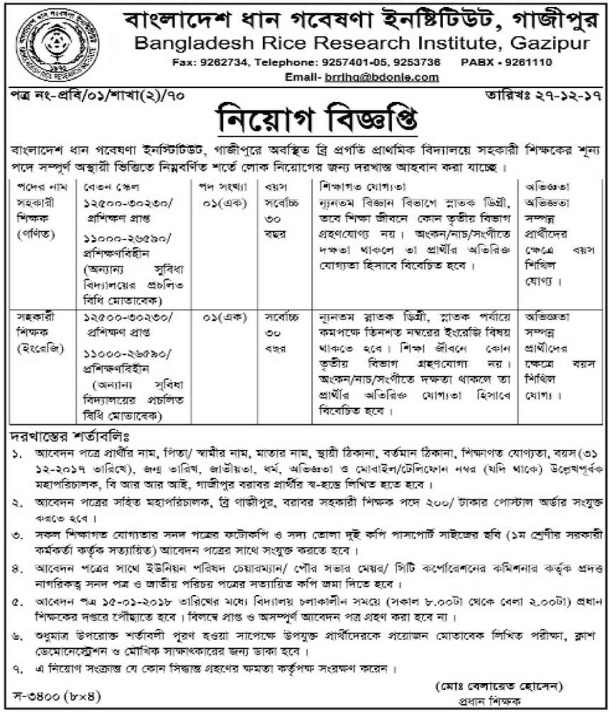 pay what level well entry jobs 2018 Rice Job Bangladesh Research Institute  BD Circular