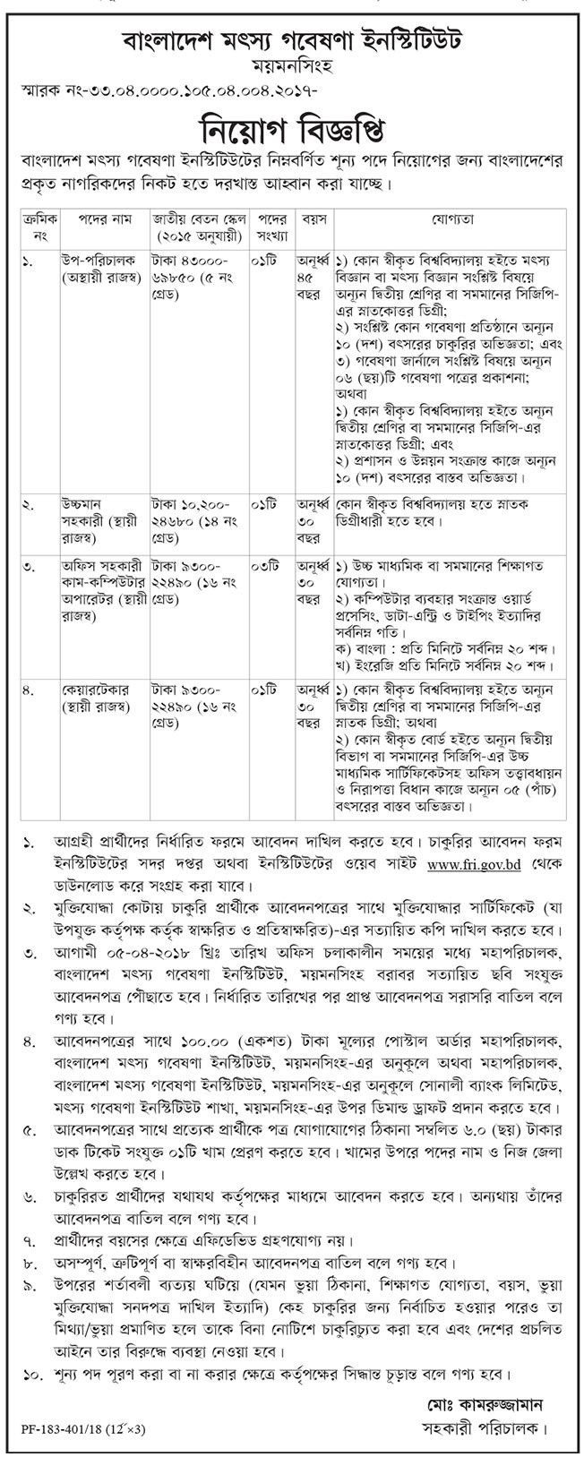 Bangladesh Fisheries Research Institute Job Circular 2018