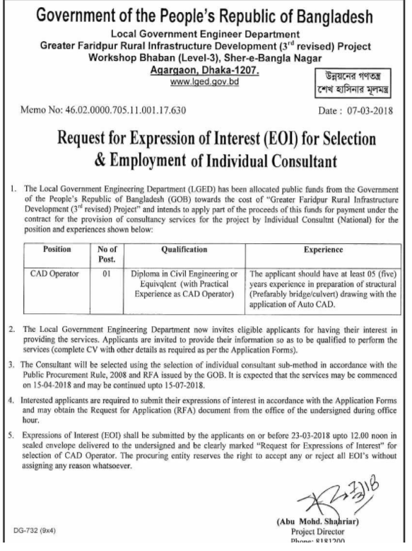 Local Government Engineering Department (LGED) Job Circular 2018