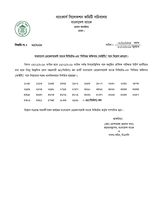 Bangladesh Development Bank Limited BDBL Job Exam Result 2018