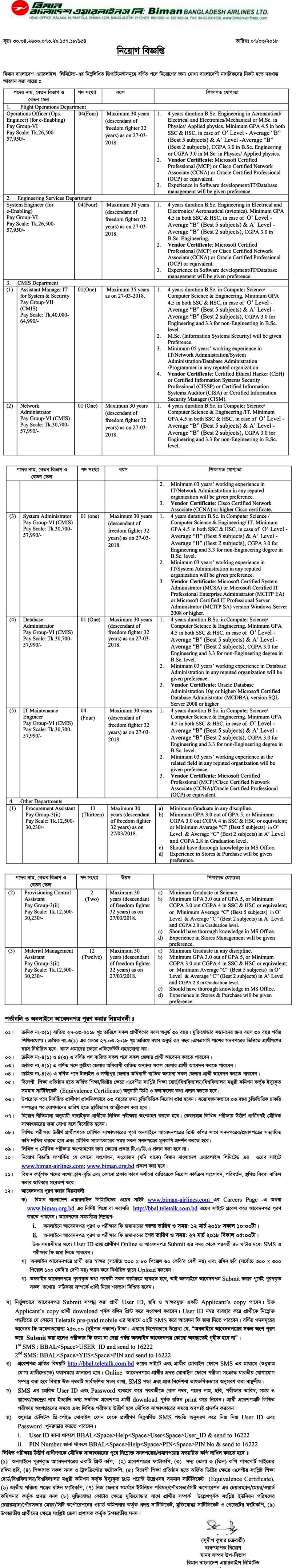 Biman Bangladesh Airlines Job Circular 2018