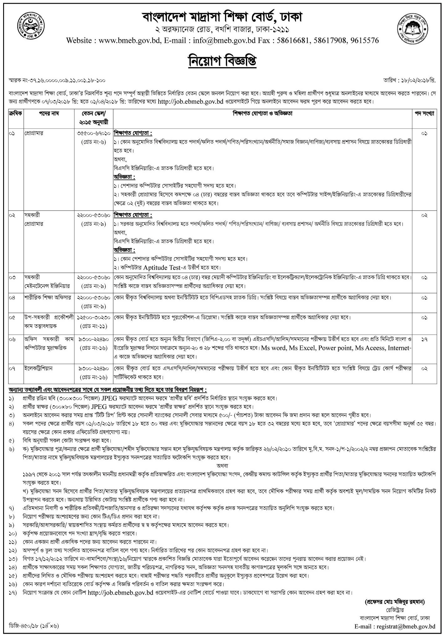 Bangladesh Madrasah Education Board Job Circular 2018