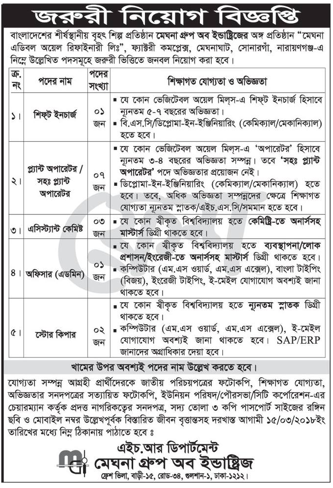 Meghna Group Job Circular 2018