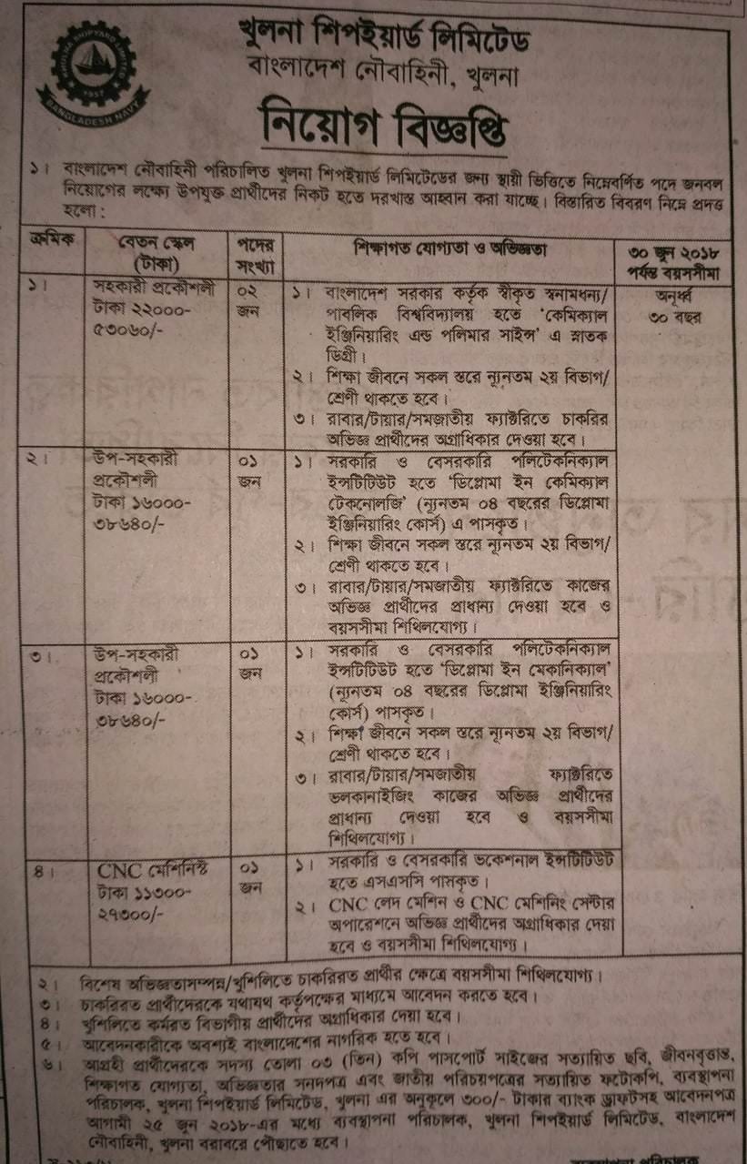 KHULNA SHIPYARD LIMITED JOB CIRCULAR  11 June 2018