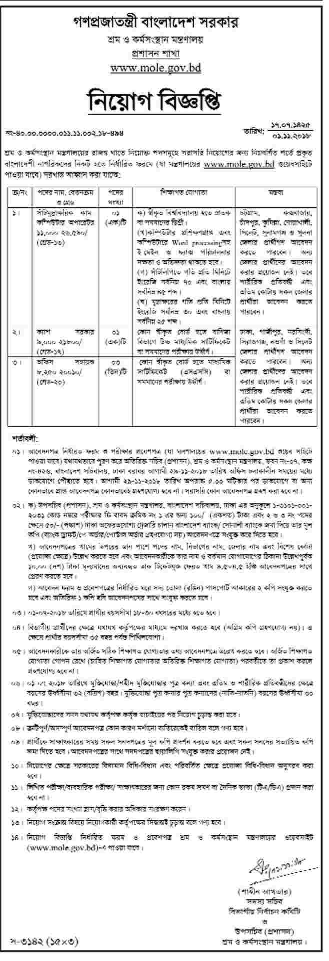 Ministry of Labor and Employment Job Circular 2018