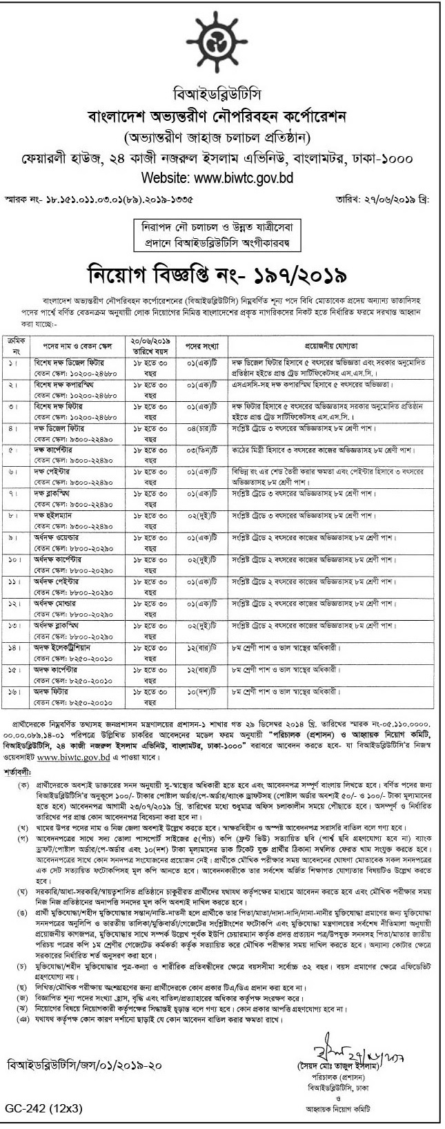 Bangladesh Inland Water Transport Corporation (BIWTC) Job Circular 2019