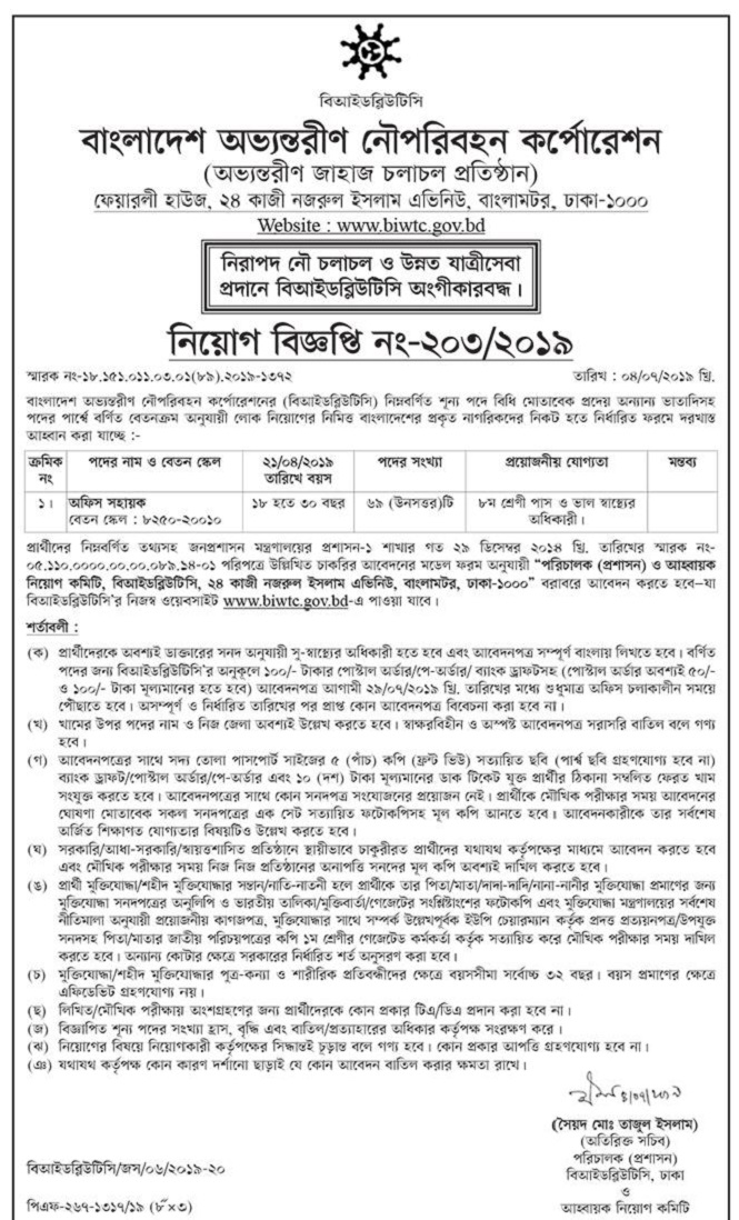 Bangladesh Inland Water Transport Corporation (BIWTC) Job Circular 2019