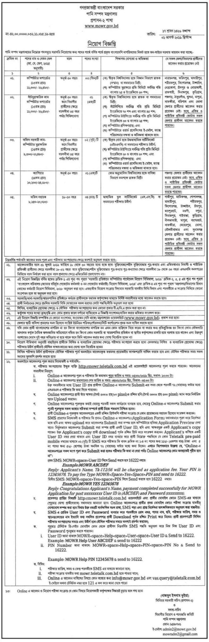 Ministry Of Water Resources Mowr Job Circular 2019 Bdcurrentjobs