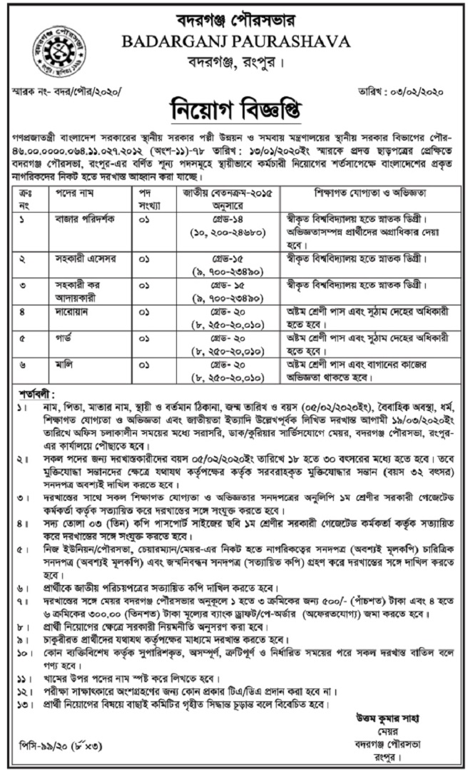 Badarganj Municipality Rangpur Job Circular 2020