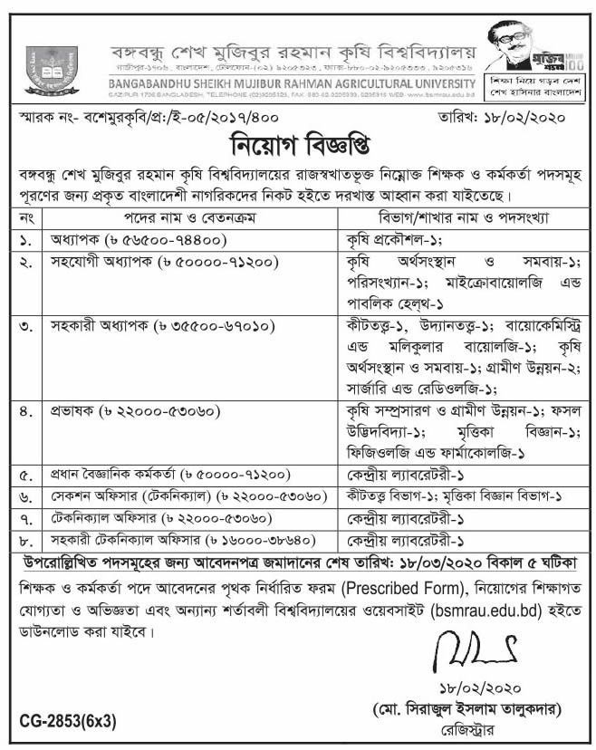 Bangabandhu Sheikh Mujibur Rahman Agricultural University Job Circular