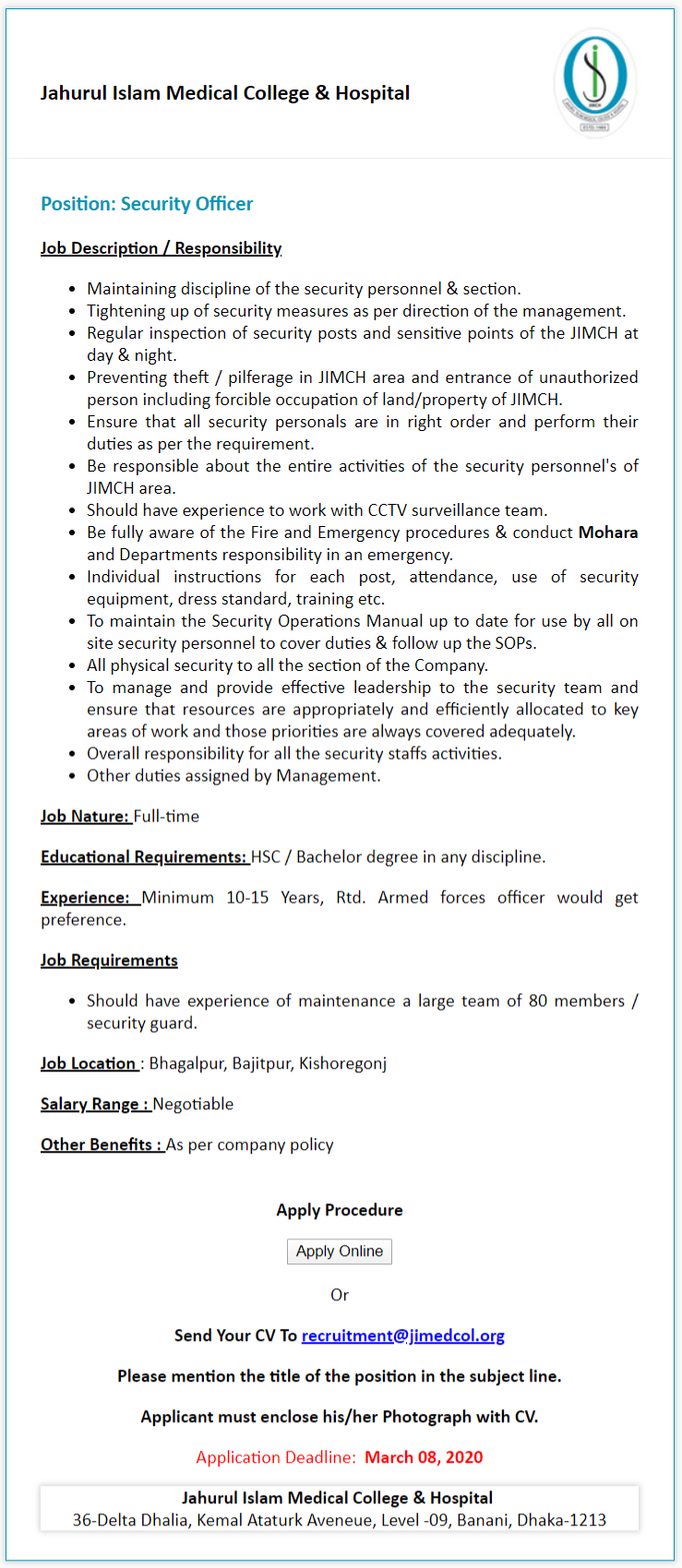 Jahurul Islam Medical College & Hospital Job Circular 2020