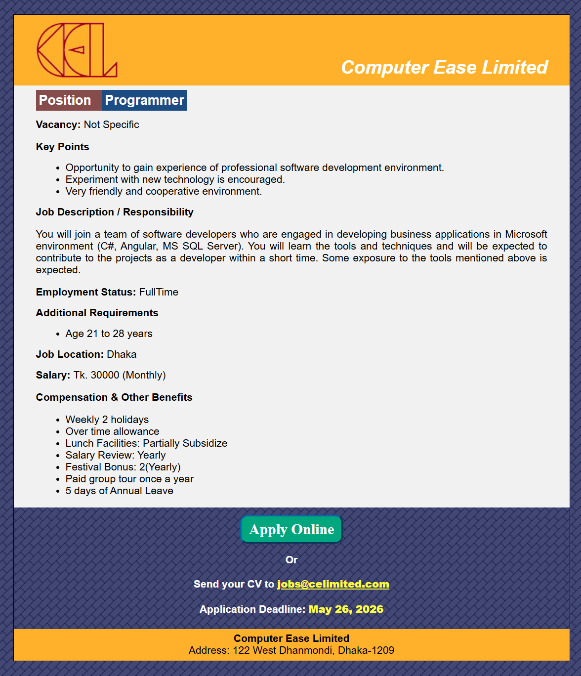 Computer Ease Limited job circular 2026