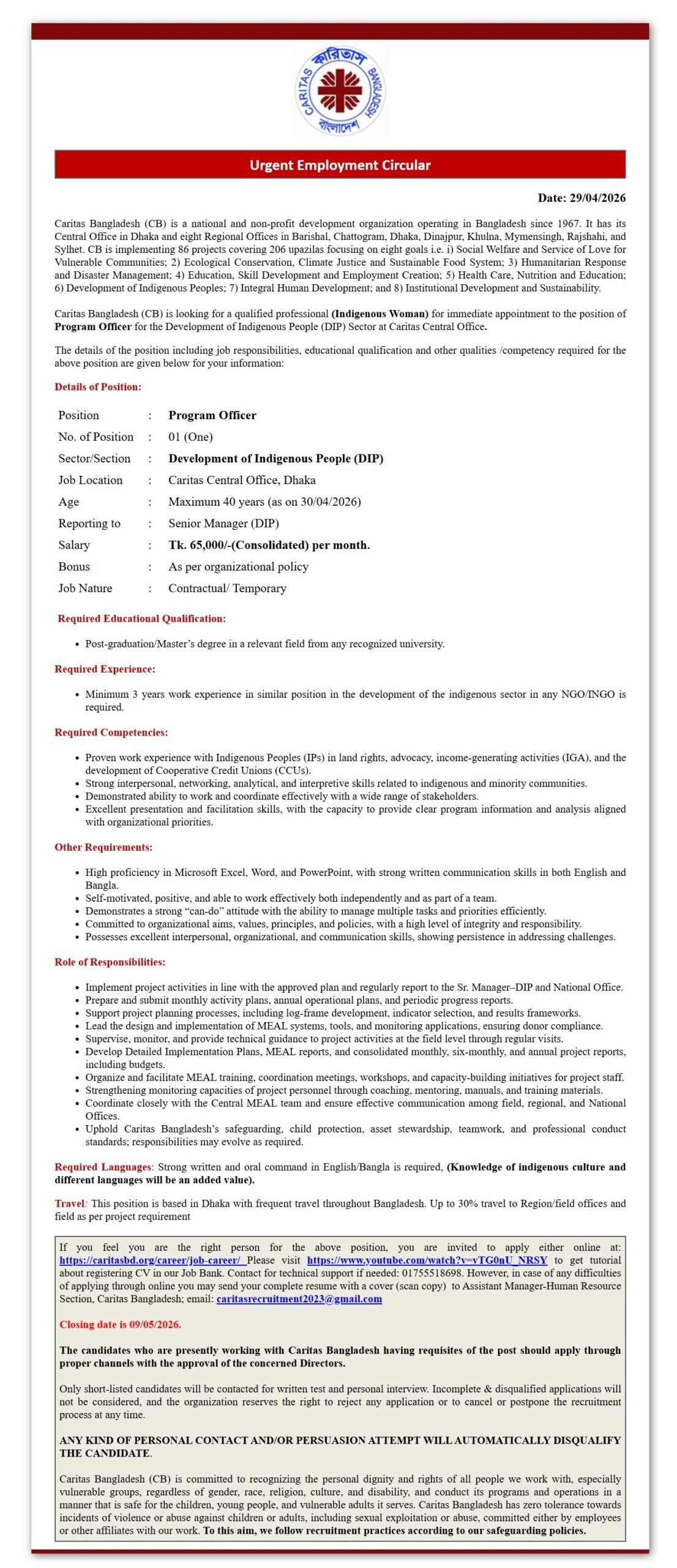 Caritas Bangladesh Job Circular 2026