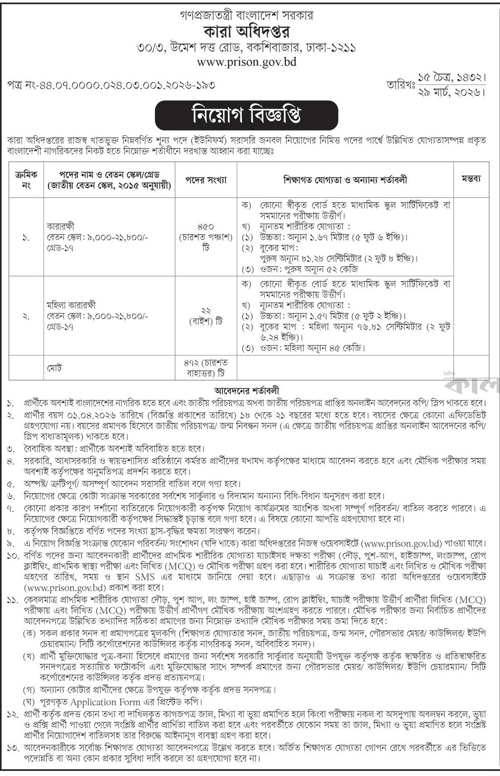 PRISON Job Circular 2026