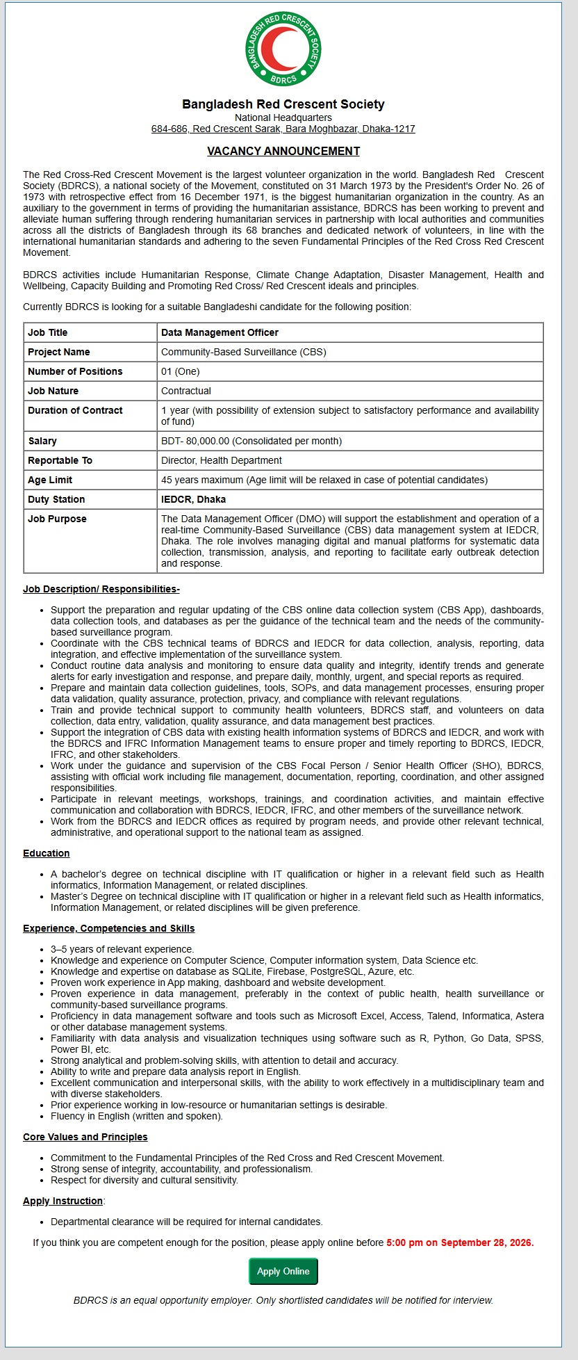 Bangladesh Red Crescent Society Job Circular - Data Management Officer