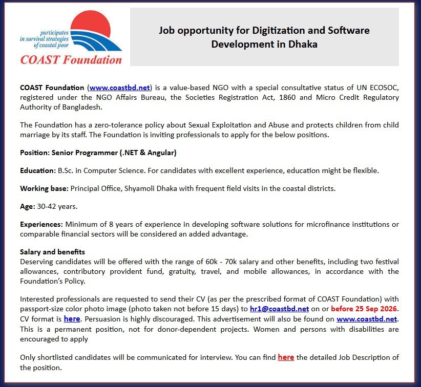 COAST Foundation Job Circular - Senior Programmer (.NET & Angular)