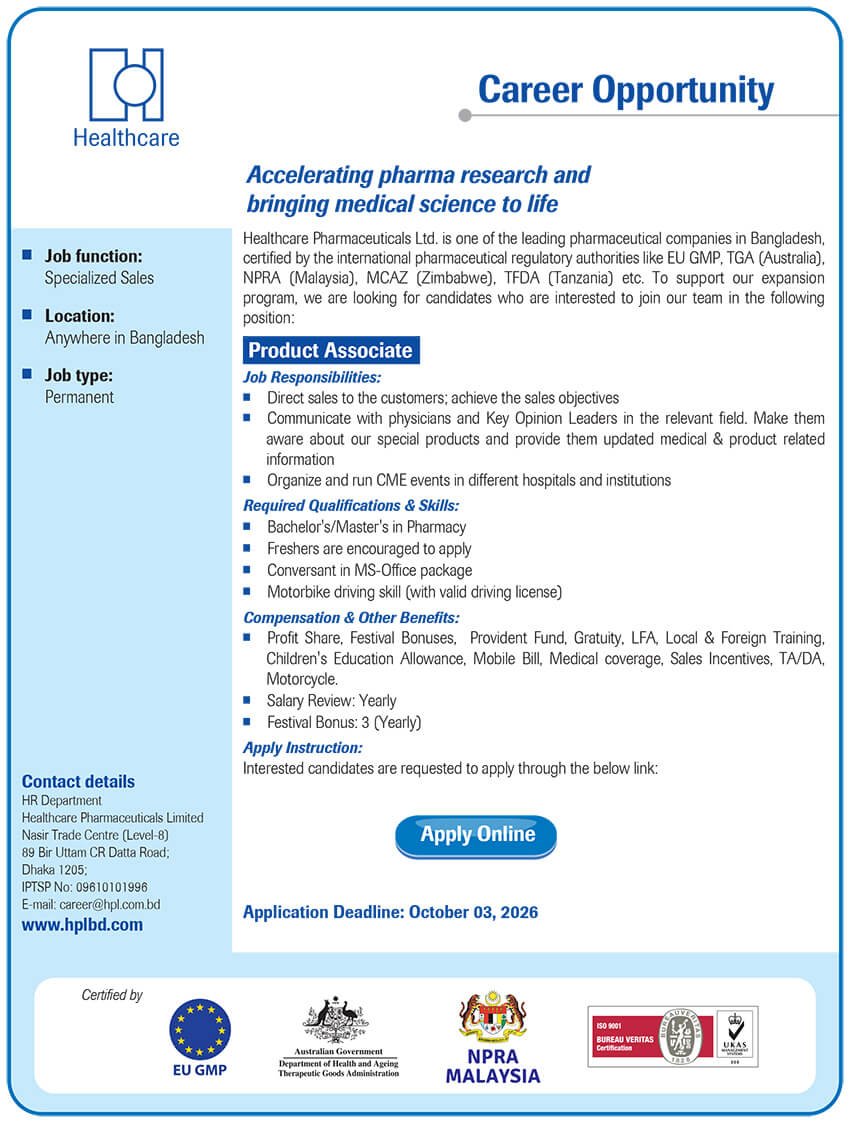 Healthcare Pharmaceuticals Ltd. Job Circular - Product Associate