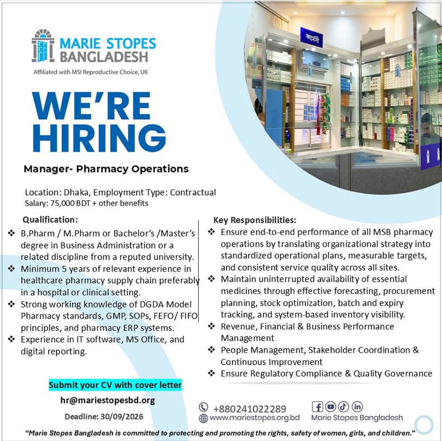 Marie Stopes Bangladesh Job Circular - Manager- Pharmacy Operations