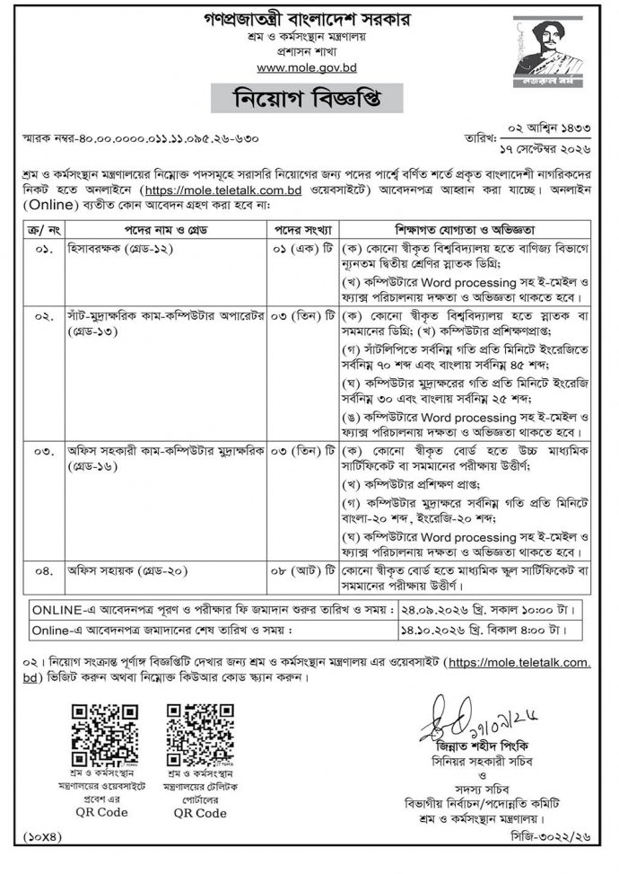 Ministry of Labour and Employment, Bangladesh Job Circular - Programmer, Computer Operator, Cash Assistant, Office Assistant