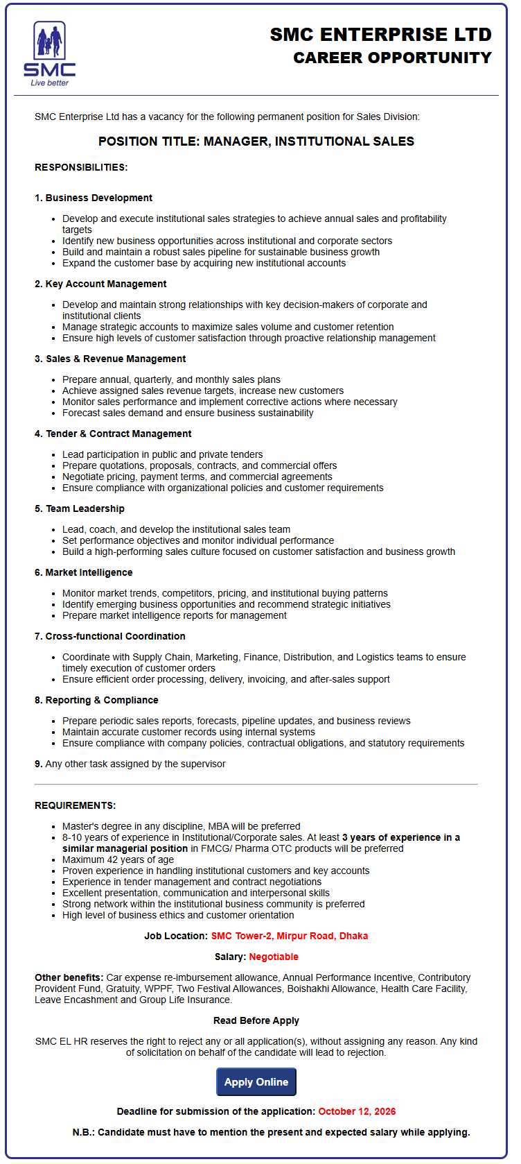 SMC Enterprise Ltd Job Circular - Manager, Institutional Sales
