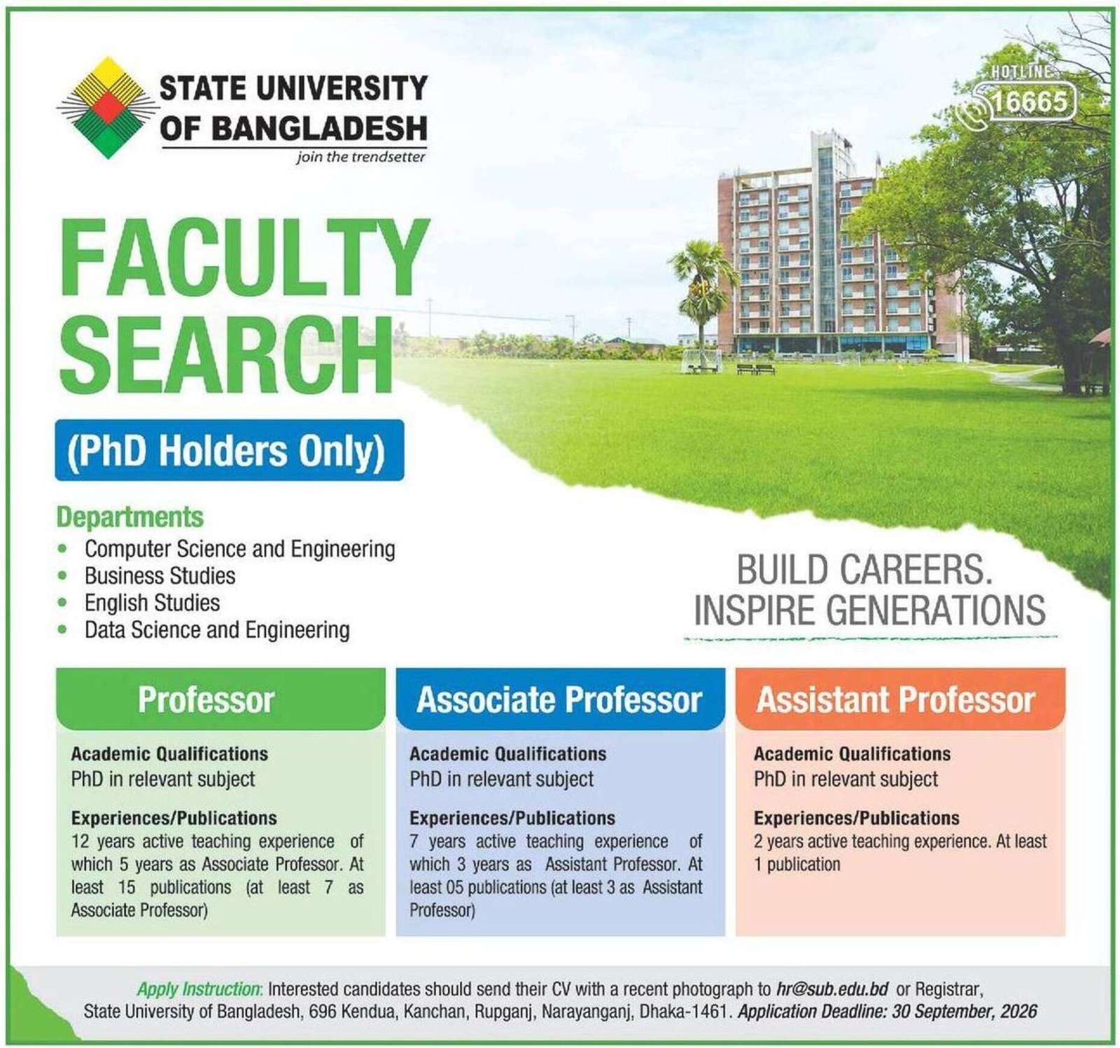 State University of Bangladesh Job Circular - Professor, Associate Professor, Assistant Professor