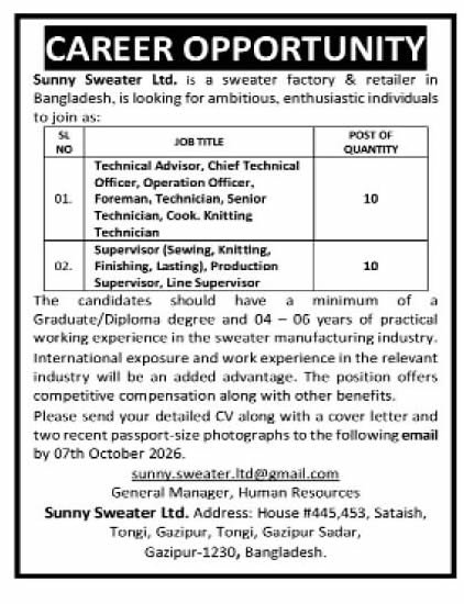 Sunny Sweater Ltd. Job Circular - Technical Advisor, Chief Technical Officer, Operation Officer, Foreman, Technician, Senior Technician, Cook. Knitting Technician; Supervisor (Sewing, Knitting, Finishing, Lasting), Production Supervisor, Line Supervisor