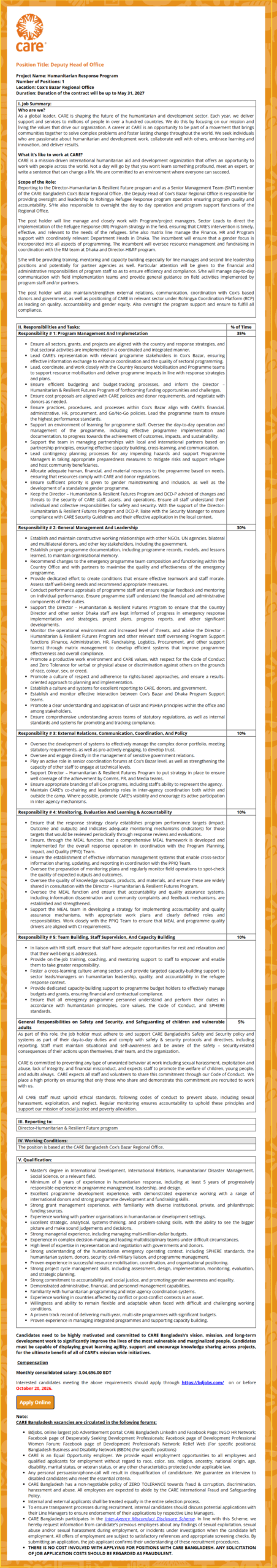 Cox's Bazar CARE Bangladesh Job Circular - Deputy Head of Office