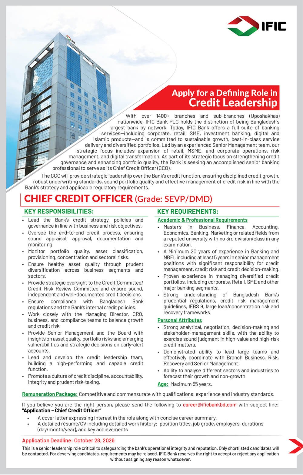 IFIC Bank PLC Job Circular - Chief Credit Officer (Grade: SEVP/DMD)