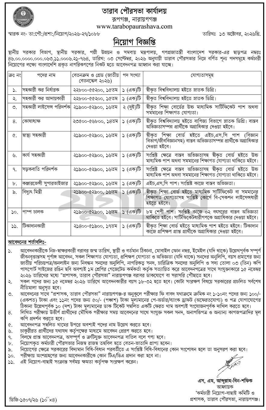 Tarab Municipality Job Circular - সহকারী কর নির্ধারক, সহকারী কর আদায়কারী, সহকারী লাইসেন্স পরিদর্শক, কোষাধ্যক্ষ, স্বাস্থ্য সহকারী, কার্য সহকারী, সড়কবাতি পরিদর্শক, কঞ্জারভেন্সী সুপারভাইজার, বিদ্যুৎ মিস্ত্রী, পাম্প চালক, টিকাদানকারী