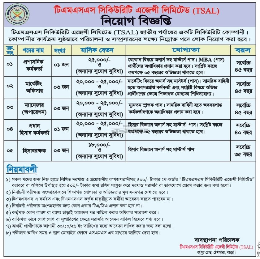 TMSS Security Agency Limited (TSAL) Job Circular - প্রশাসনিক কর্মকর্তা, মার্কেটিং অফিসার, ম্যানেজার (অপারেশন), প্রধান হিসাব কর্মকর্তা, হিসাবরক্ষক