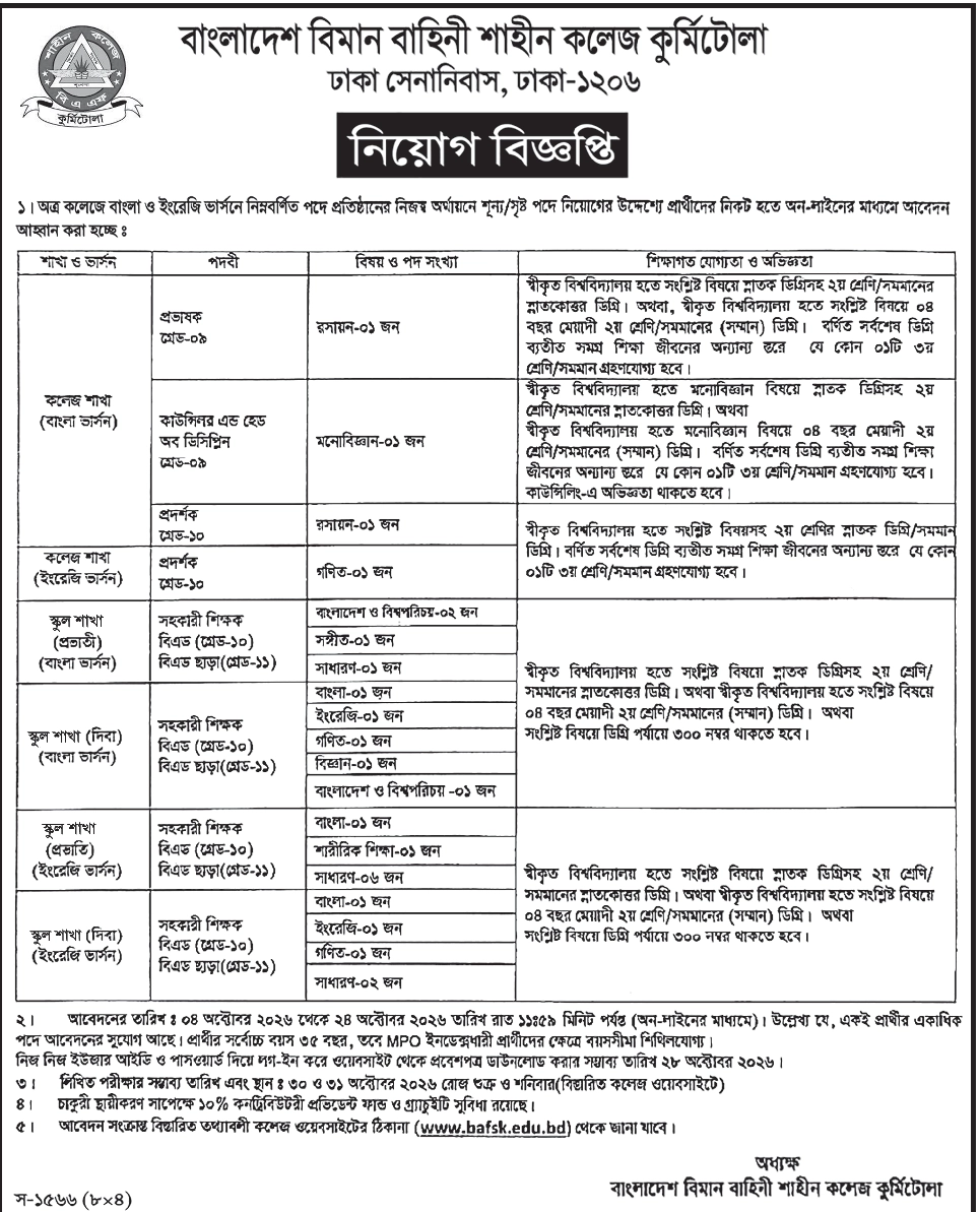 Bangladesh Air Force Shaheen College Kurmitola Job Circular - প্রভাষক, কাউন্সিলর এন্ড হেড অব ডিসিপ্লিন, প্রদর্শক, সহকারী শিক্ষক